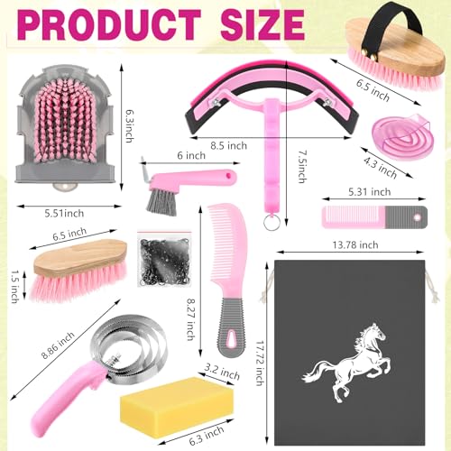 Abbylike 12 Pieces Horse Grooming Kit Racing Festival Tack Room Supplies Horse Brush Sets Equine Care Cleaning Kit Shedding Grooming Massaging Tools(Pink and Grey) - color: Gray