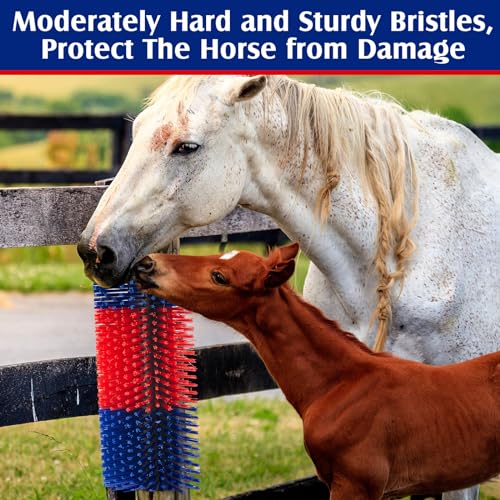 3 Pack Livestock Scratching Brush, Blue and Red | Animal Scratcher, Itch Relief Grooming, Horse Goat Cow Scratcher, Fence Post Mounting, Durable Bristles, Farm Livestock Care - color: Blue and Red