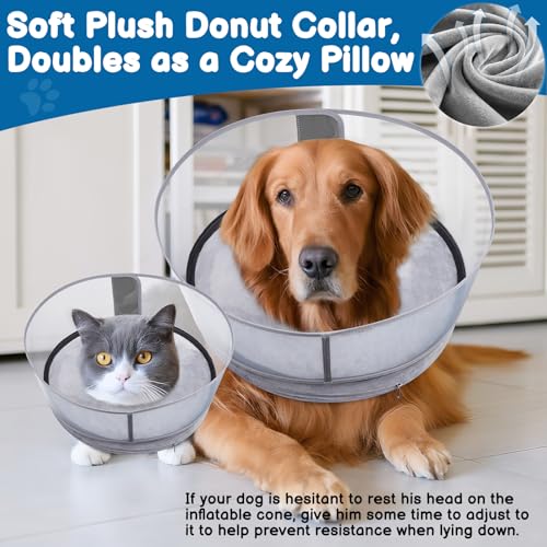 2-in-1 Inflatable Dog Donut Collar for Medium Dogs After Surgery | Soft Recovery Cone Collar, Rigid & Higher Shield for Pets, Stop Licking Wounds, Patented Protective Donut Cone Grey - color: Grey, size: M