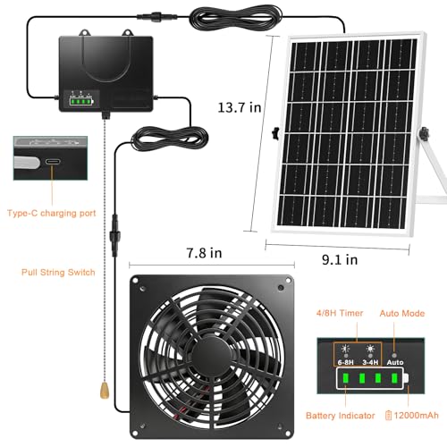 7.1“Solar Powered Fan for Chicken Coop with Pull String, Runs Day and Night | 12000mAh Battery , Timer 4/8H,USB-C & Solar Dual Power, Waterproof Exhaust Fan for Shed Greenhouse Doghouse