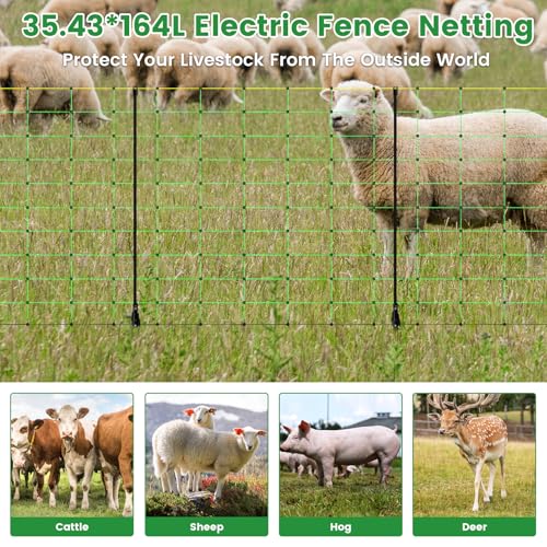 Electric Fence Netting, 35.43" H ×164 L' Portable Livestock Fencing for Sheep, Cattle, Net Fencing Kit with 14 Posts Double Spiked, Movable Poultry Netting for Backyards, Homesteaders, Farms Ranches - size: 164 * 35.43