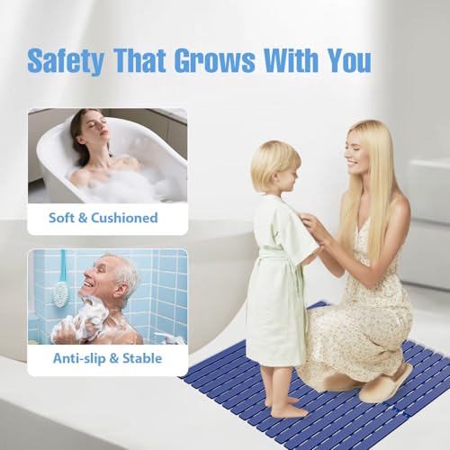 Shower Mat Non-Slip Bath Mat for Tub and Shower Stall,236 Suction Cups with Drain Holes, Quick Dry Machine Washable, Extra Grip for Stand Up Showers, Bathroom Essentials 24x24 Inch (Blue) - color: Blue