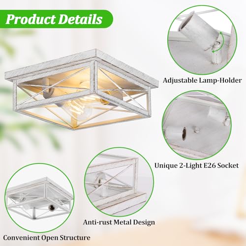 Kondras Antique White Hallway Light Fixture, 2-Light Farmhouse Flush Mount Ceiling Lighting, 1-Pack Metal Kitchen Lighting Fixture, Square Close to Ceiling Lamp for Bedroom Living Room Entryway - color: White, size: 1-Pack
