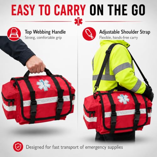 NOVAMEDIC NM-RO63P Professional First Responder Bag, 17” x 9” x 7” Empty EMT Trauma Kit Carrier with Removable Dividers, Reflective Strips, Water-Resistant Base for Emergency Medical Supplies (Red) - color: Red