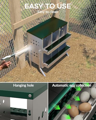 GarveeTech Chicken Nesting Box for Laying Eggs, 6 Compartment Galvanized Steel Laying Boxes for Hens with Front Access Tray, Easy Wall Mount, Includes 6 Training Eggs - color: Green