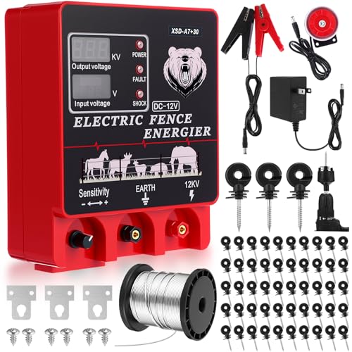 MorningRo 9J Electric Fence Charger Kit, 20 Miles Plug-in Fence with Display & Alarm, Input 12VDC/110-240VAC Output 12KV, 250ft Aluminum Wire 50 Insulators 1 Socket Tool for Livestock Cattle