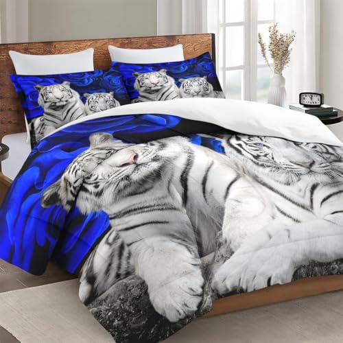 WeCozy Full Comforter Set, 3 Pieces White Tiger Bedding, All Season | Animal Cat Blue Rose Flower Background Soft Comforter with 2 Pillowcases for Kids and Adults Room Bedroom Bed Decor - color: Multi 9, size: Full