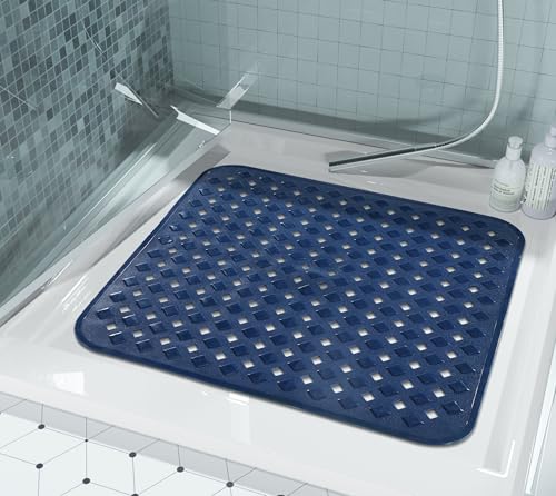 Yimobra Square Shower Mat Non Slip, Super Strong Suction Cups, 21"X21" Bath Tub Mat with Drain Holes, Machine Washable Fast Draining Bath Mats, Bathroom Essentials,Navy Blue - color: Navy Blue, size: 21 X 21 Inch