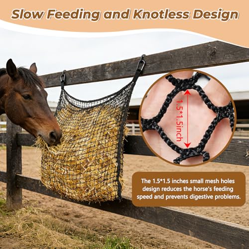 2 PCS Slow Feed Hay Net for Horses, Large Capacity Hay Bags with 4 Carabiner Clips and Gloves, Heavy Duty Slow Feeder for Horse Goat Sheep, Full Day Feeding for Stall Trailer, Black, 35 x 31 Inch