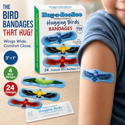 Hugging Birds - Premium Adhesive Bird Bandages from Hug-a-BooBoo, The Bird Bandages that Hug! Pretty Colorful Birds - American Goldfinch, Blue Jay, Red Cardinal, Indian Parrot 24 Ct Box - size: 24ct, style: Hugging Birds