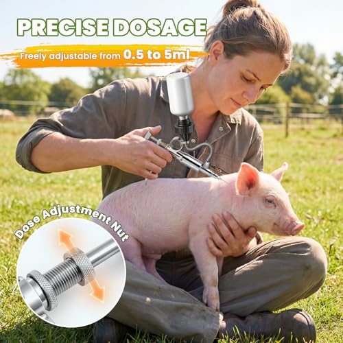 NEWTRY 5ml Livestock Syringe Adjustable Continuous Syringe with 10 Needles | Semi Automatic Syringe Adjustable Poultry Gun Stainless Steel with 10 Needles for Horse Sheep Cattle - size: 5ML
