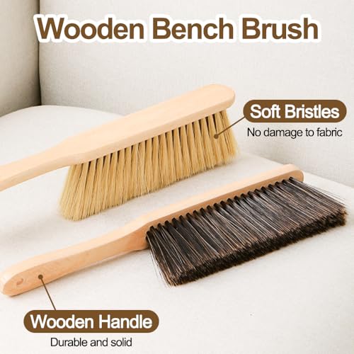2 Pieces Wooden Dust Brush Hand Broom, Bench Brushes with Bristles, Handle Hair Brushes for Counter Bed Sofa Car Fireplace Household Woodworking Cleaning (Brown, Yellow) - color: Brown, Yellow