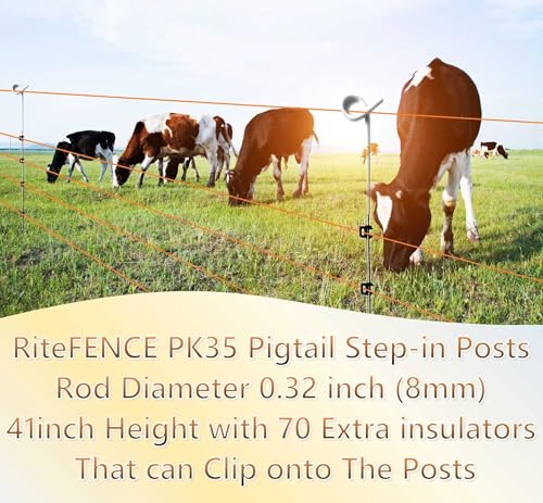 PK35 Pigtail Step-in Posts for Electric Fences, Rod Diameter 0.32 inch (8mm) x 41inch Height with 70 Extra insulators that can Clip onto The Posts - style: 35 Posts + 70 Clips