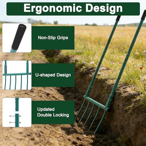 Broad Fork Garden Tool, 5 Tines Heavy-Duty U-Shaped Hand Tiller | 55 Inch Detachable Ergonomic Broadfork for Digging, Cultivating & Loosening Soil, Gardening & Farming