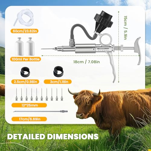 NEWTRY 5ml Livestock Syringe Adjustable Continuous Syringe with 10 Needles | Semi Automatic Syringe Adjustable Poultry Gun Stainless Steel with 10 Needles for Horse Sheep Cattle - size: 5ML