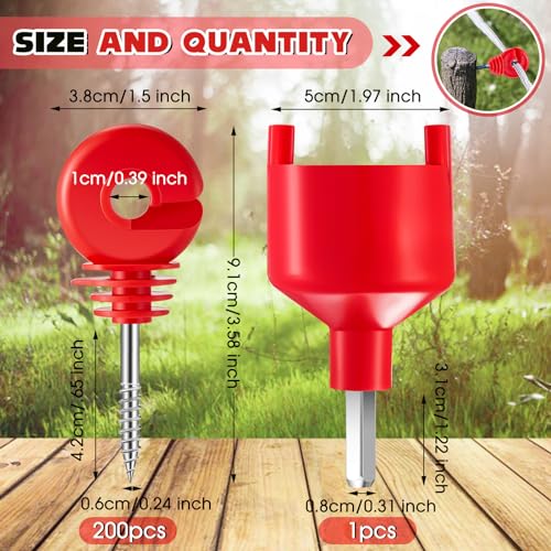 200 Pcs Electric Fence Insulator with 1 Pcs Insulator Socket Tool Screw in Ring Post Wood Post Electric Fence Ring with Socket Tool for Animal(Red) - color: Red