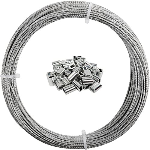 1/16 Wire Rope, 200FT 304 Stainless Steel Cable with 100Pcs Crimp Sleeves, Aircraft Grade, 7x7 Strand, 368lbs Breaking Strength, for Garden Trellis, Clothesline, Railing,Trellis - size: 200 ft