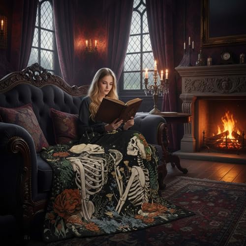 Gothic Floral Skeleton Blanket Gifts for Men Women Kids Moon Starry Night Lovers Throw Blanket Gifts 50"x60" - color: Black