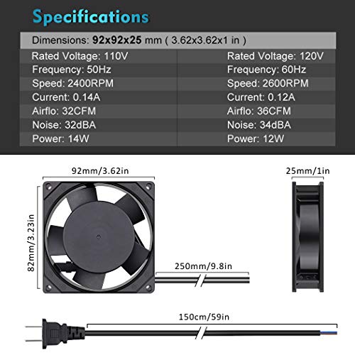 Wathai AC Muffin Axial Fan 110V 120V 92mm 90mm x 25mm Dual Ball Metal | for DIY Ventilation Exhaust Projects Cooling - style: 92x92x25mm