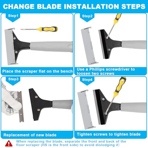 Floor Scraper, 31" to 61" Scraper Tool Long Handle with 4-inch Razor Blade Stainless Steel Material Adjustable Cleaning Glass Wall Gum Paint Tile Glue Linoleum Carpet Sturdy Durable