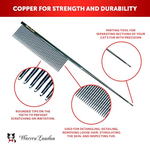 Warren London Precision Tail Comb made with Copper | 7 inches | Rounded Tips Prevent Irritation | Finishing and Fluffing Comb for Grooming Paws Face and Tail | Tear Stain Removal - style: Precision Tail Comb