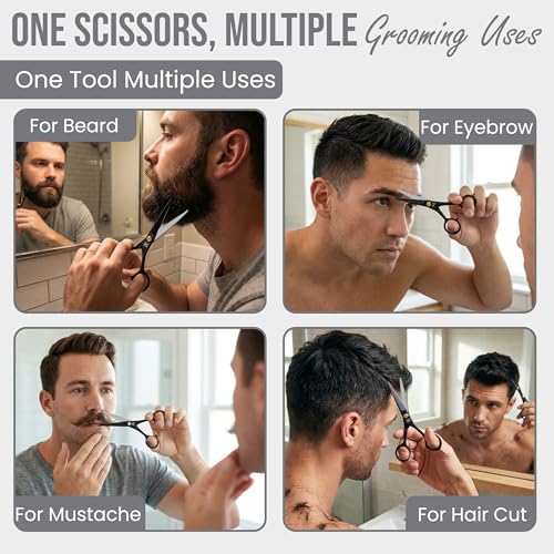 Beard & Mustache Scissors –5" Stainless Steel Grooming Kit with Case | Professional facial hair & beard trimming shear. Trims moustache, nose & eyebrows. Includes 2 mustache combs & travel pouch. - color: Black