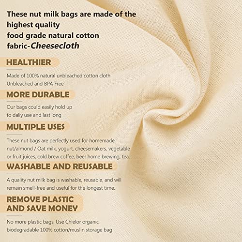 10 Pack Nut Milk Bag, 12‘’ x 14‘’ Fine Mesh Grade Reusable Cheesecloth Bags Strainers, Unbleached Organic Cotton Filter Bags for Almond Milk, Juices, ColdBrew, Cheese, Tea, Yogurt, Coffee - size: 12 x 14 inch