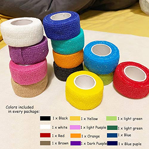 12 Pack Self Adhesive Bandage Wrap, 1" x 5 Yards, Cohesive Athletic Tape | Athletic Elastic Cohesive Bandage for Sports Injury,Strain,Knee & Wrist,Ankle Sprains & Swelling First Aid - size: 1x180 Inch (Pack of 12)