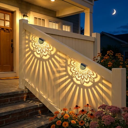Gardsee Solar Fence Lights 6 Pack Solar Deck Lights Waterproof LED Solar Powered Step Light Wall Lights Outdoor Decorations Warm Yellow Light Decorative Lighting for Garden (Black 2) - style: flower