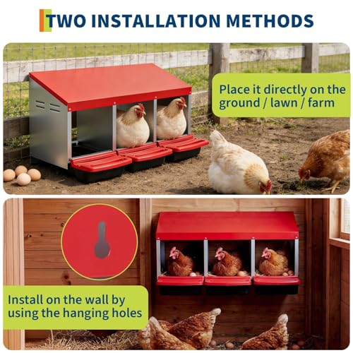 Chicken Nesting Boxes for Chickens Laying Eggs, 3 Hole Roll Away Egg Collection Box for Chicken Coop, Wall Mount Metal Nesting Box, Easy Egg Collectio