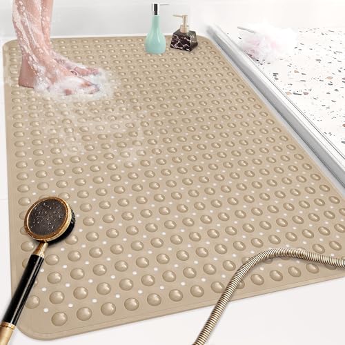 Shower Mat Non Slip: 47.2 x 31.5 Inch Extra Large TPE Shower Mats for Inside Shower - Anti Slip Shower Stall Matt with Drain Hole and Suction Cups for Elderly - color: Khaki, size: 47.2" x 31.5" (Rectangular)