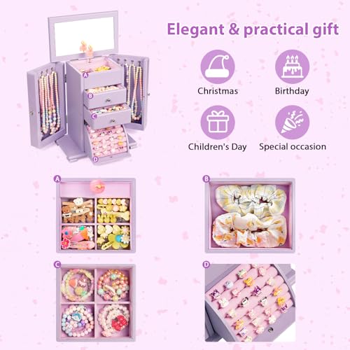 Emfogo Musical Jewelry Box for Girls, Large Kid Music Box with Ballerina for Birthday Bedroom Decor, 5 Layer Girl Jewelry Gifts for Girls Kids - Purple - color: Purple