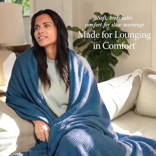 Threadmill Luxury Cotton Blankets for Twin Size Bed | All-Season 100% Cotton Twin Blanket for Bed | Herringbone Soft & Cozy Fall Thermal Blanket, 350GSM, 68x92 inches | Folkstone Blue | All-Season Thermal Throw Blanket, Soft & Breathable, Cozy Moisture-Wi