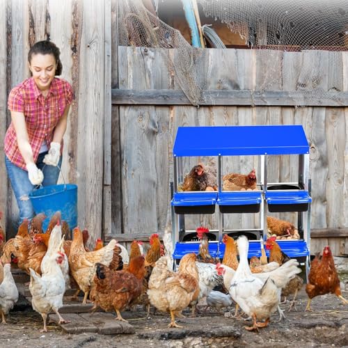 Chicken Nesting Boxes, 6 Hole Metal Chicken Laying Box with with Removable Trays and Roll Out Egg Collection for Chicken Coop, with Metal Bracket, Blue - color: Blue, size: 35.4"L x 17.5"W x 9.1"H