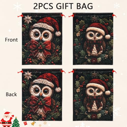 KzgtY Christmas Owl 2PCS Gift Bags with Drawstring, 16 x 12 Inch Reusable Present Sacks for Christmas,Brithday, Holidays,Parties & Gift Packaging - color: Christmas Owl