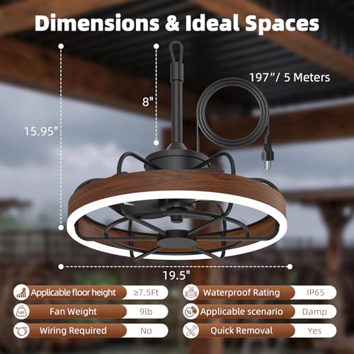 Farmhouse Gazebo Fan with Light, 20" Plug-in Gazebo Ceiliing Fan with App/Remote Control, Outdoor Ceiling Fan with Light IP65 Waterproof, 3 CCT Light, for Gazebo - Wood Grain - color: Wood Grain