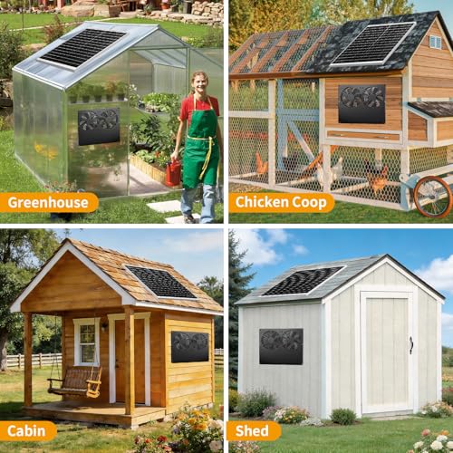 25W Metal Frame Solar Powered Fan with Battery | IP65 Waterproof Solar Exhaust/Intake Fan for Chicken Coop, Greenhouse, Dog House and Shed, Low Noise