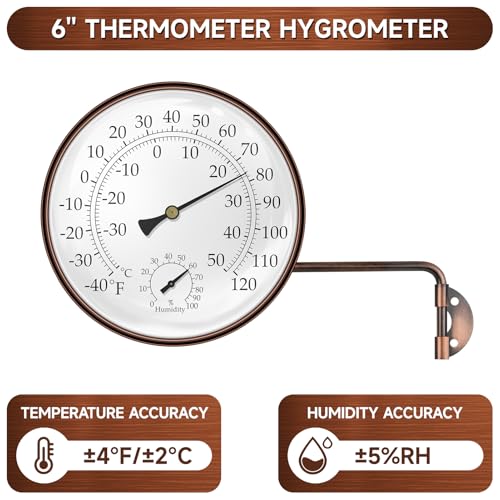 6 Inch Outdoor Thermometer and Humidity Gauge, Brass Analog Dial | Window Thermometer for Outside Temperature & Humidity Monitor, Battery Free for Patio Garage Greenhouse Garden Wall - color: Brass, size: 6 Inch