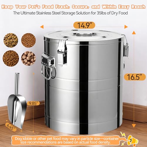 UPSKYPET35lb Dog Food Storage Container, Airtight Stainless Steel | Extra Large Capacity, Rust-Proof, Moisture-Proof, Deters Pets from Opening & Stealing Food, Easy to Clean, Keeps Food Crispy - size: 35lb