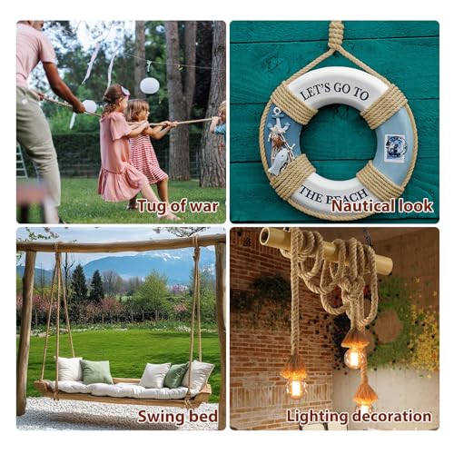 Jute Rope, Natural Hemp Rope, 4-Strand Thick Nautical Ropes (1/2 Inch 49Ft) for Decorative, Crafts, Porch Swing, Hanging, Tug of War, Packing - size: 1/2In - 49Ft