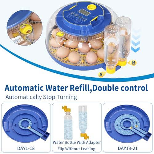 18 Egg Incubator, Automatic Egg Turner with Temperature and Humidity Control,LED Candler,360° Viewing, External Water Bottle Refill, Air Vent, Hatching for Chicken, Duck and Quail
