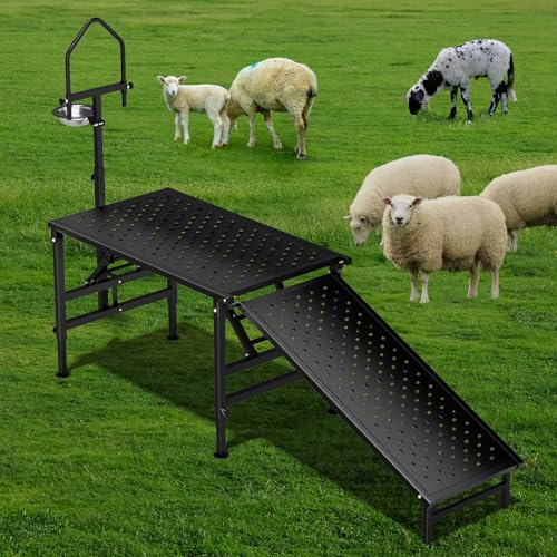 Goat Milking Stand with Ramp, Livestock Trimming Goat Stand with Adjustable Headpiece & Legs, and Feed Bin, 600LBS Heavy Duty Sheep Stand for Lambs Shearing, Grooming & Hoof Trimming, Black | Goat stand with ramp foldable stong load capacity