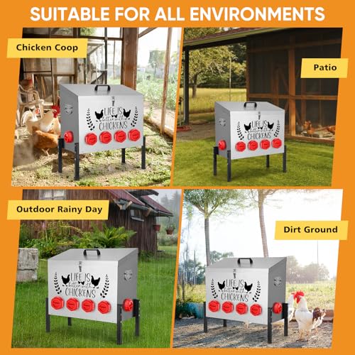95 lb Chicken Feeder with 10 No-Waste Ports – Extra-Large Galvanized Metal Poultry Feeder with Adjustable Height Heavy-Duty Stand – Outdoor Feed Box for Chickens, Ducks & Geese - color: silver
