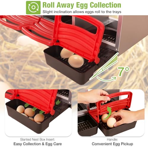 GUTINNEEN Chicken Nesting Box, 3 Compartment Metal Nesting Boxes with Roll-Away Egg System for Hens, Ducks & Rabbits, Technical Design for Efficient Egg Collection, Red - color: Red