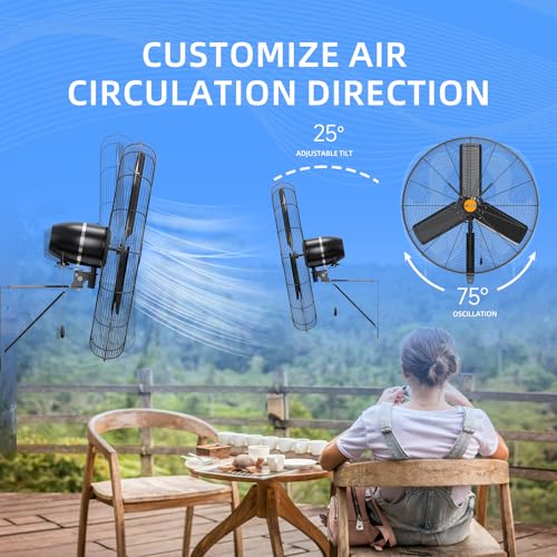24 inch Outdoor Oscillating Wall Mounted Fan, High Velocity IPX4 Waterproof 7350 CFM Industrial Metal Wall Fan, 2 Speed, Adjustable Tilt, for Greenhouse, Patio, Garage, Workshop - size: 24 inch - Outdoor