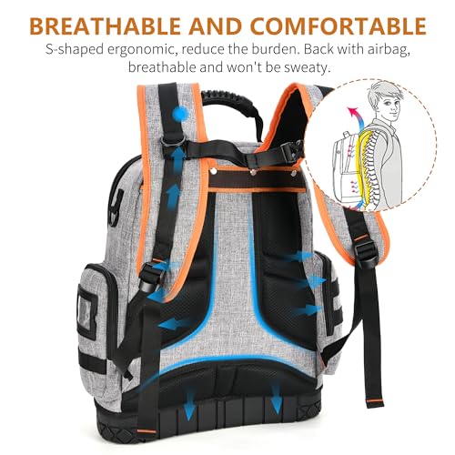 LOKASS 18.1-inch Heavy-Duty Tool Backpack, 75 Pockets, Gray | 110 lbs Load Tested, 1680D Tear-Resistant Fabric, Removable Tool Panel, Combination Lock, Electricians, HVAC Pros - color: Grey