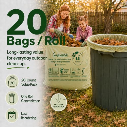 UNNI 30-33 Gallon Compostable Bags, 20 Count, 124 L, Extra Thick 1.1 Mil | Large Compost Bags for Lawn, Leaf & Yard Waste & Kitchen Organics, Certified by BPI, CMA & OK compost HOME, Meets ASTM D6400 - size: 20 Count (Pack of 1), style: 33 Gallon