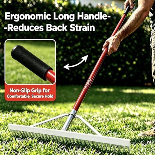 KYLIN 36 Inch / 36 Tines Aluminum Landscape Rake with 66 Inch Extra-Long Handle, Versatile Rake for Lawn Care,Loosening Soil, Weeding, Leveling Gravel, Beach Sand - Lighweight & Rust Proof