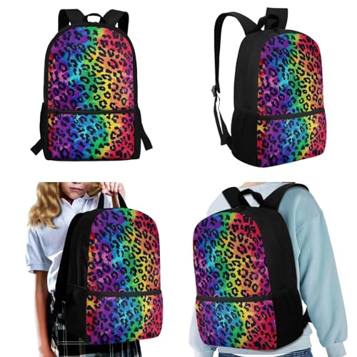 Upetstory Rainbow Leopard Print Backpack for Girls 4-6 6-8 10-12 Boys School Bag Set Kids Lunch Box Pencil Case Elementary Kindergarten Preschool School Bookbag Water Bottle Sleeve Book Cover - color: Rainbow Leopard Print