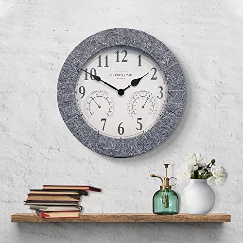 Sandstone Outdoor Clock | Weather Station with Thermometer & Hygrometer, 14", Gray Sandstone Finish, Outdoor Wall Décor